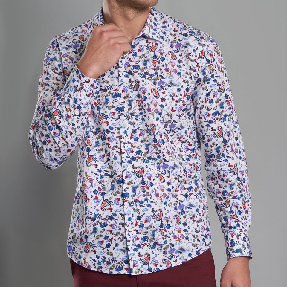 Camisa Casual Estampada - Blanco con Detalles de Flores