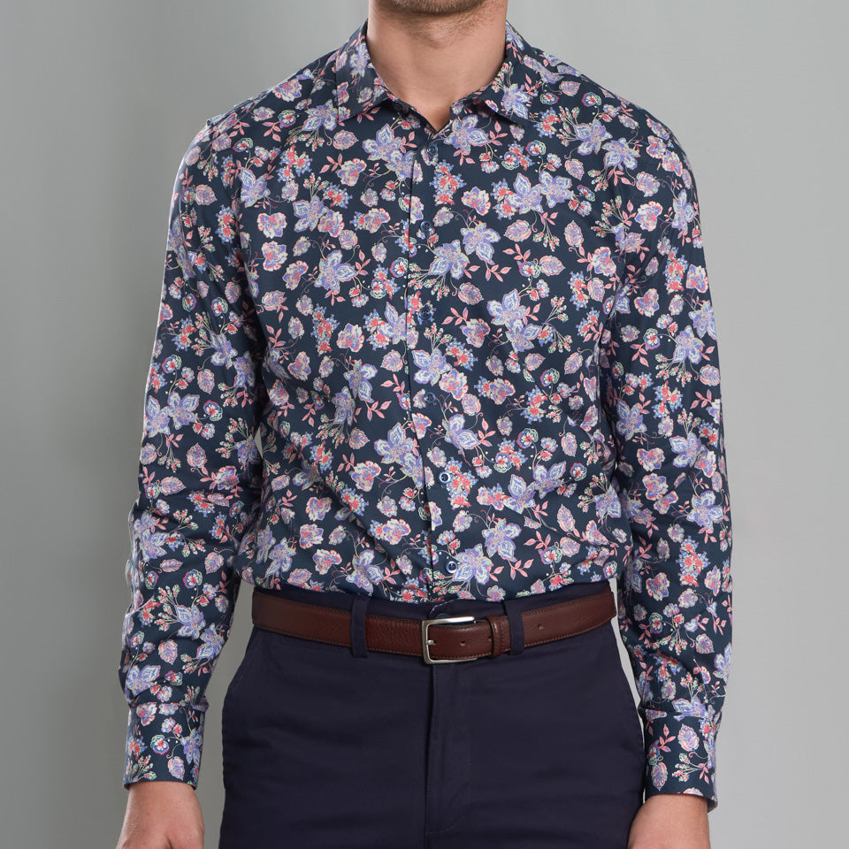 Camisa Casual Estampada - Azul con Detalles de Flores