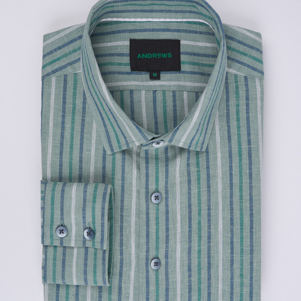 Camisa Casual de Lino - Verde con Rayas