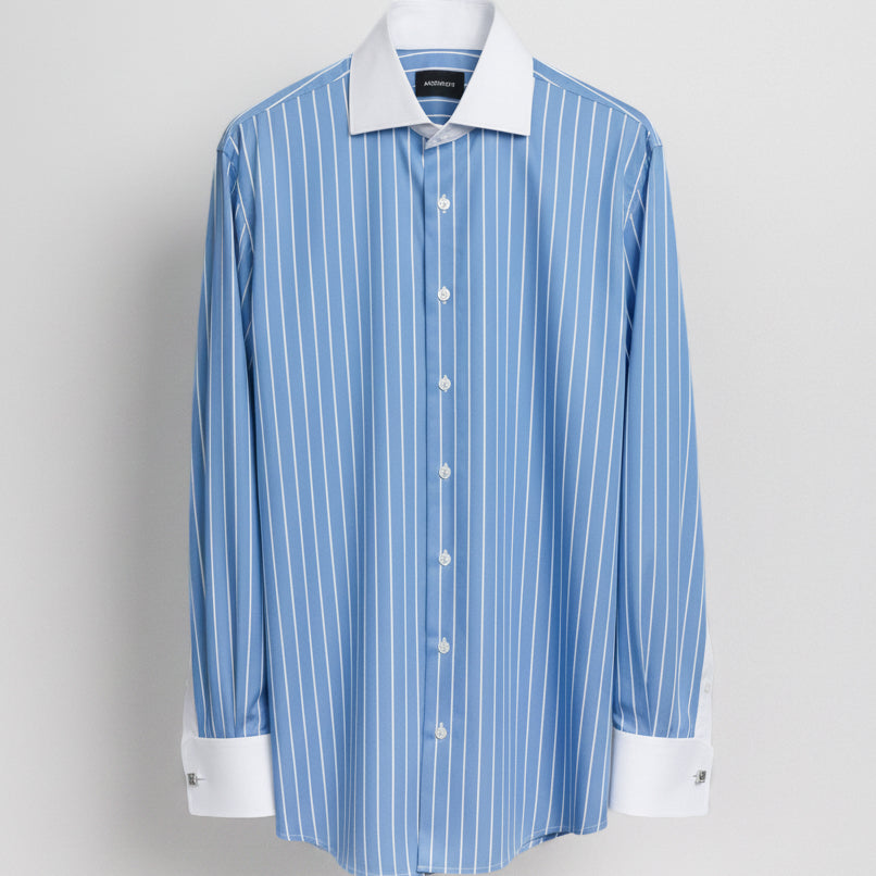 Camisa Vestir - Celeste a Rayas Cuello y puño gemelo Blanco