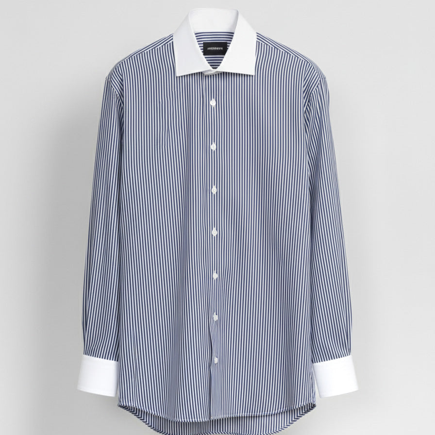 Camisa Vestir - Azul con Rayas Blancas - Cuello y puño simple Blanco