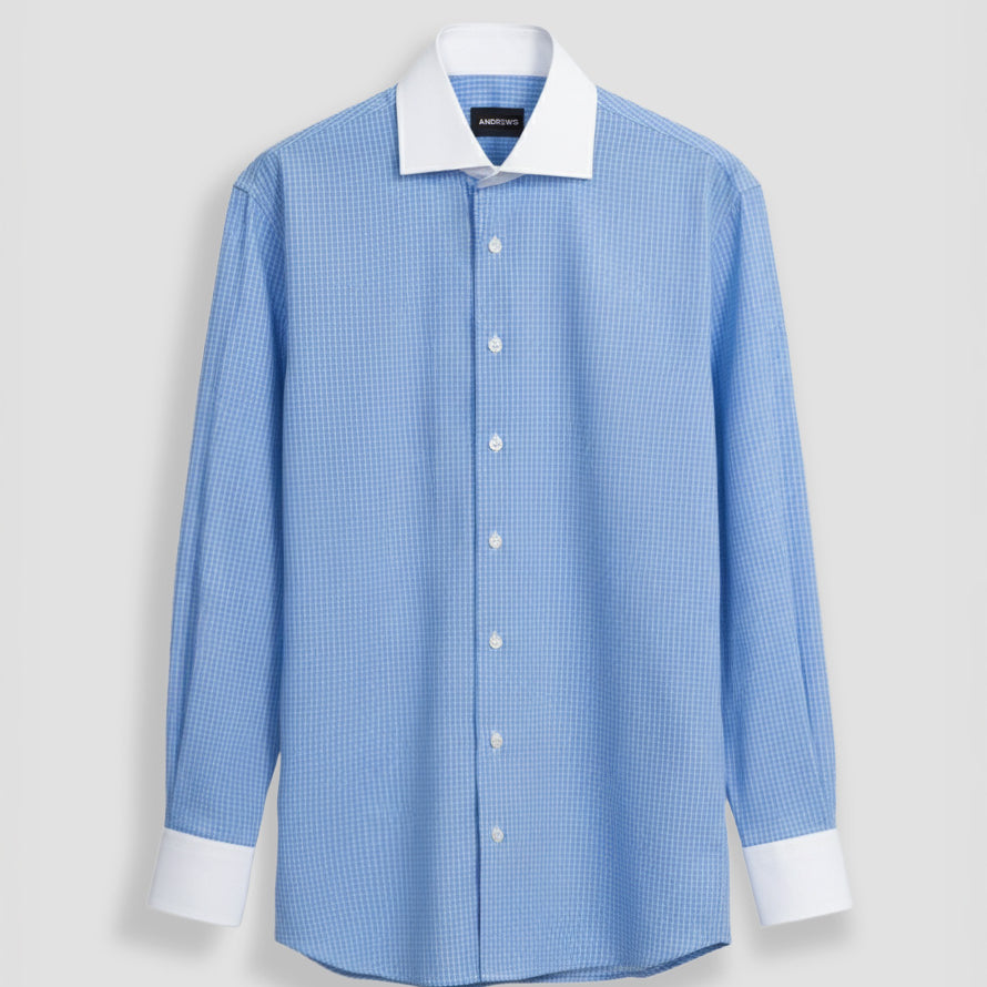 Camisa Vestir - Celeste cuadros - Cuello y puño simple Blanco