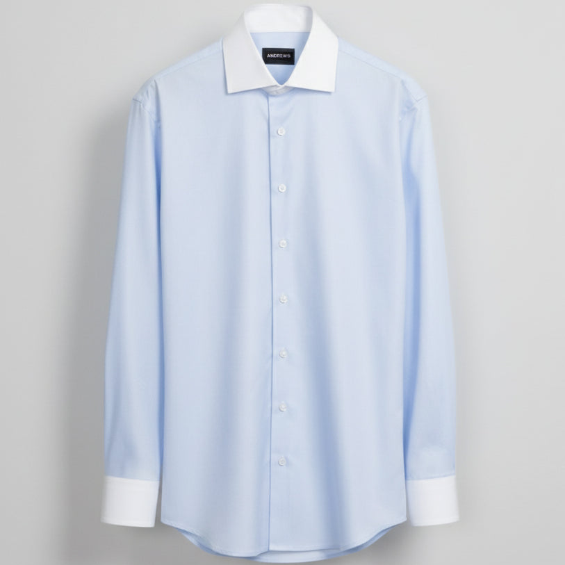 Camisa Vestir - Celeste Tela Premium - Cuello y puño simple Blanco