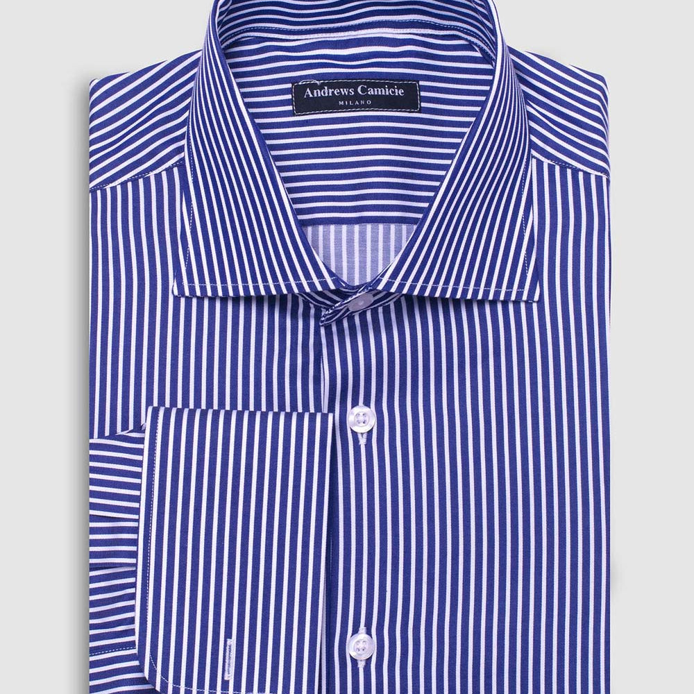 Camisa Vestir dobby - Cuello Italiano puño gemelo regular azul