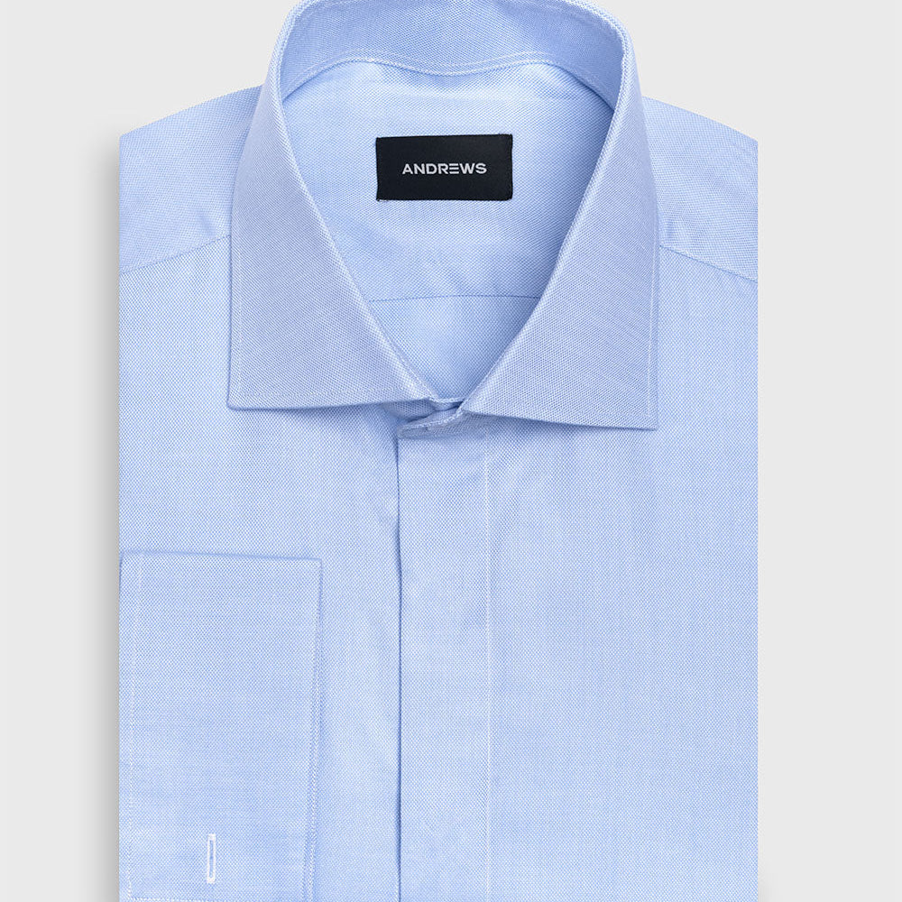 Camisa Vestir dobby - Cuello Italiano puño doble uso regular Celeste