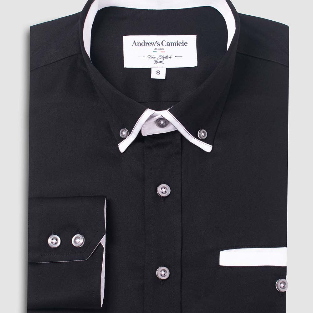 Camisa Casual popelin satin - cuello button-down puño simple 2 botones regular negro