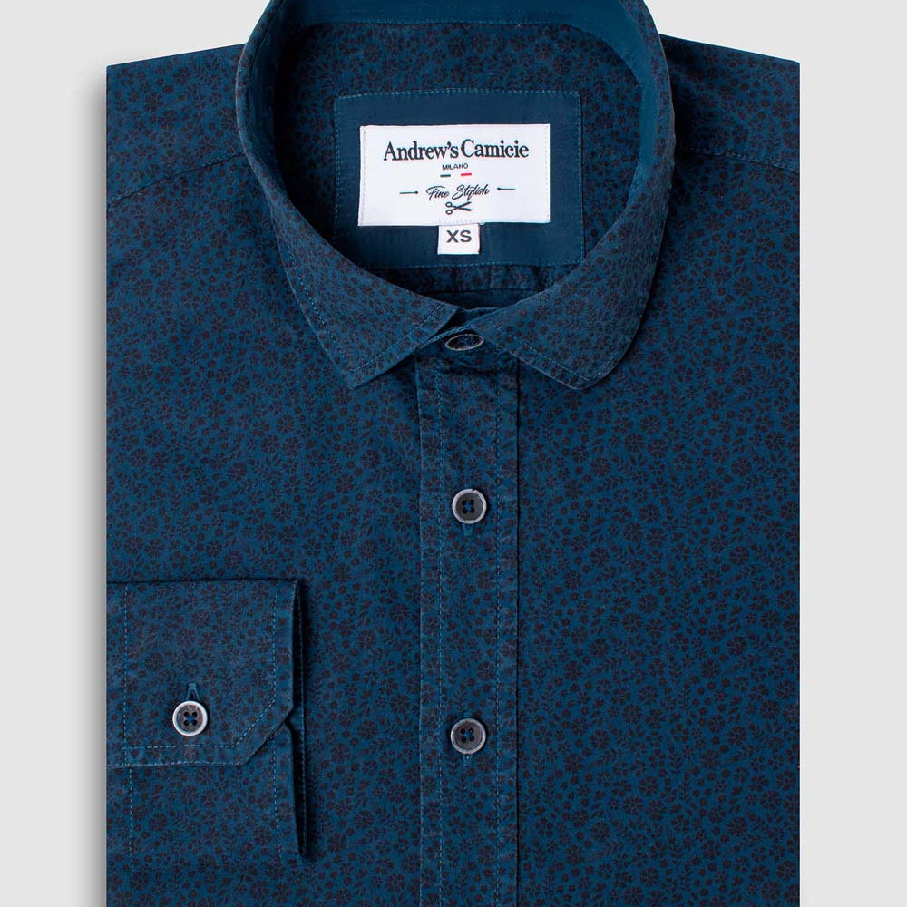 Camisa Casual popelin - Cuello Italiano puno simple 2 botones regulables regular azul