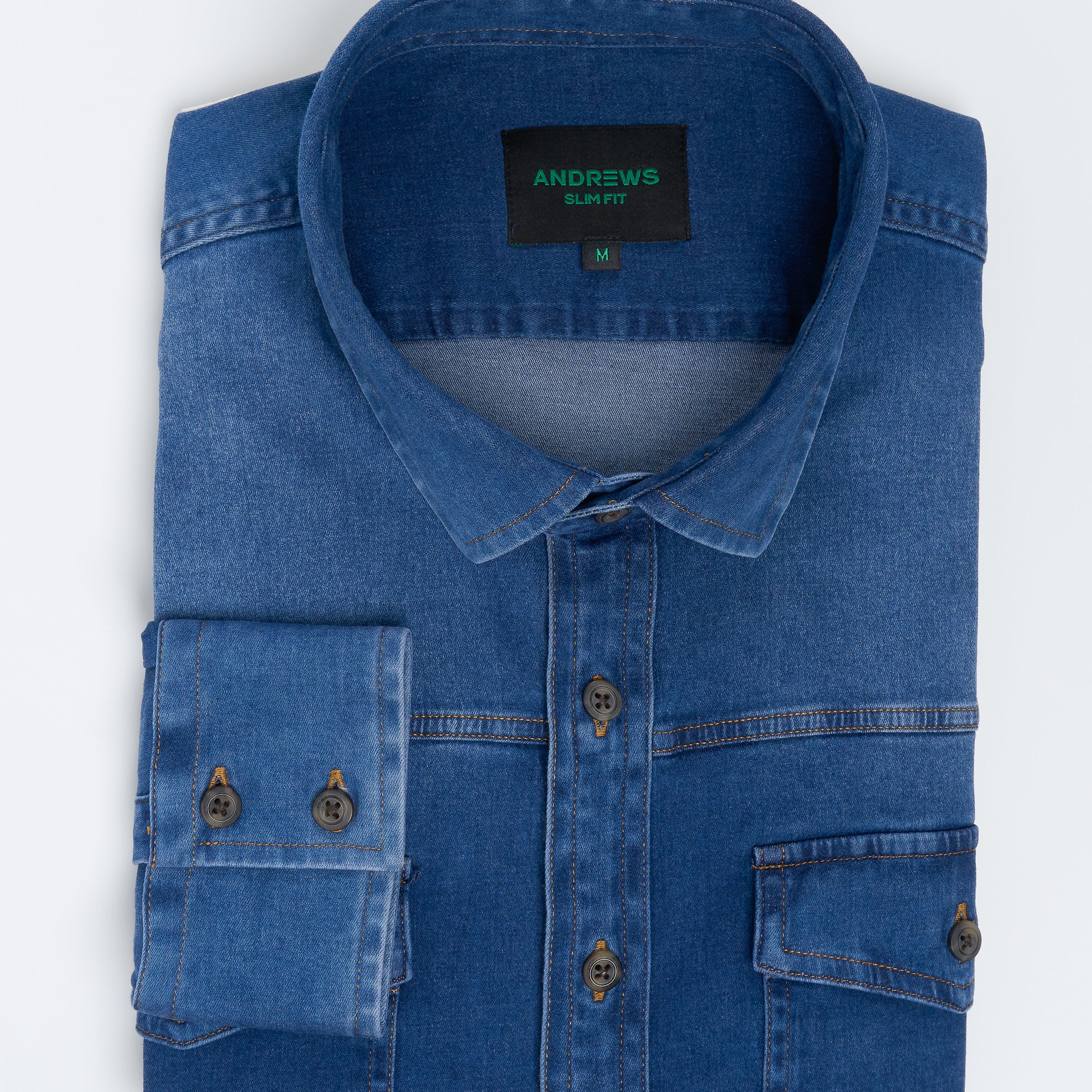 Camisa Casual denim stretch- Puño simple 2 botones slim azul