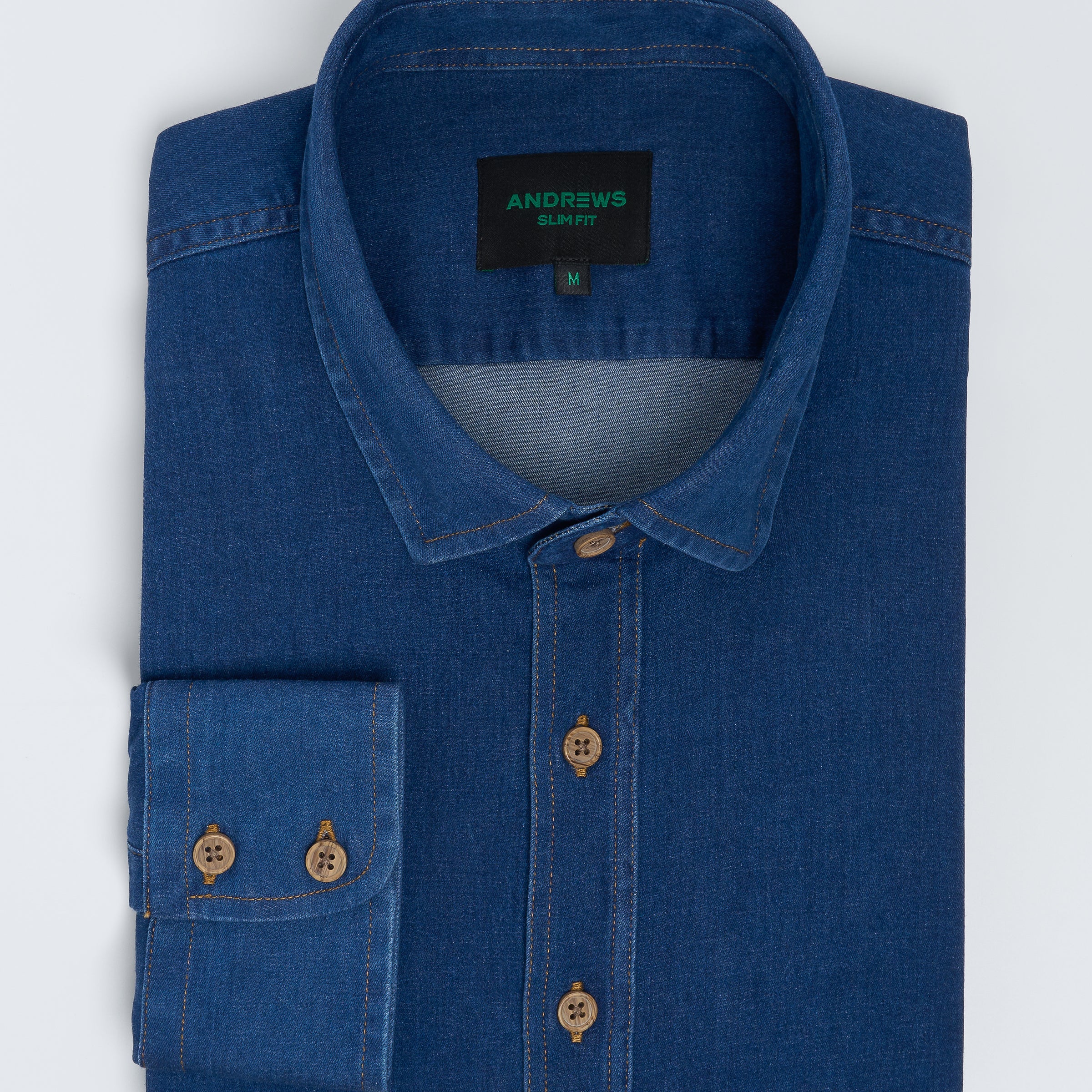 Camisa Casual denim stretch- Puño simple 2 botones slim azul