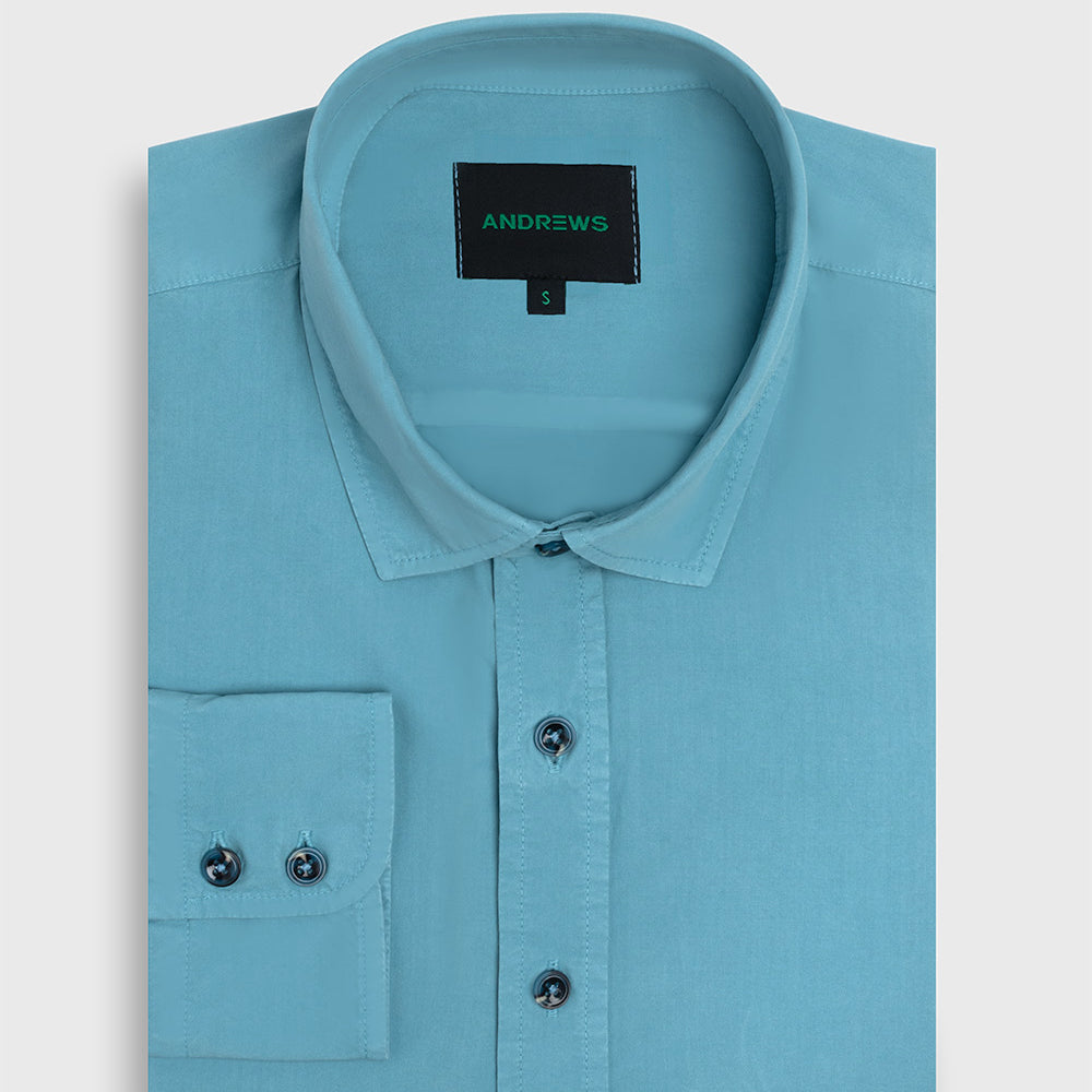 Camisa Casual Garment Dye - Puño simple 2 botones turquesa