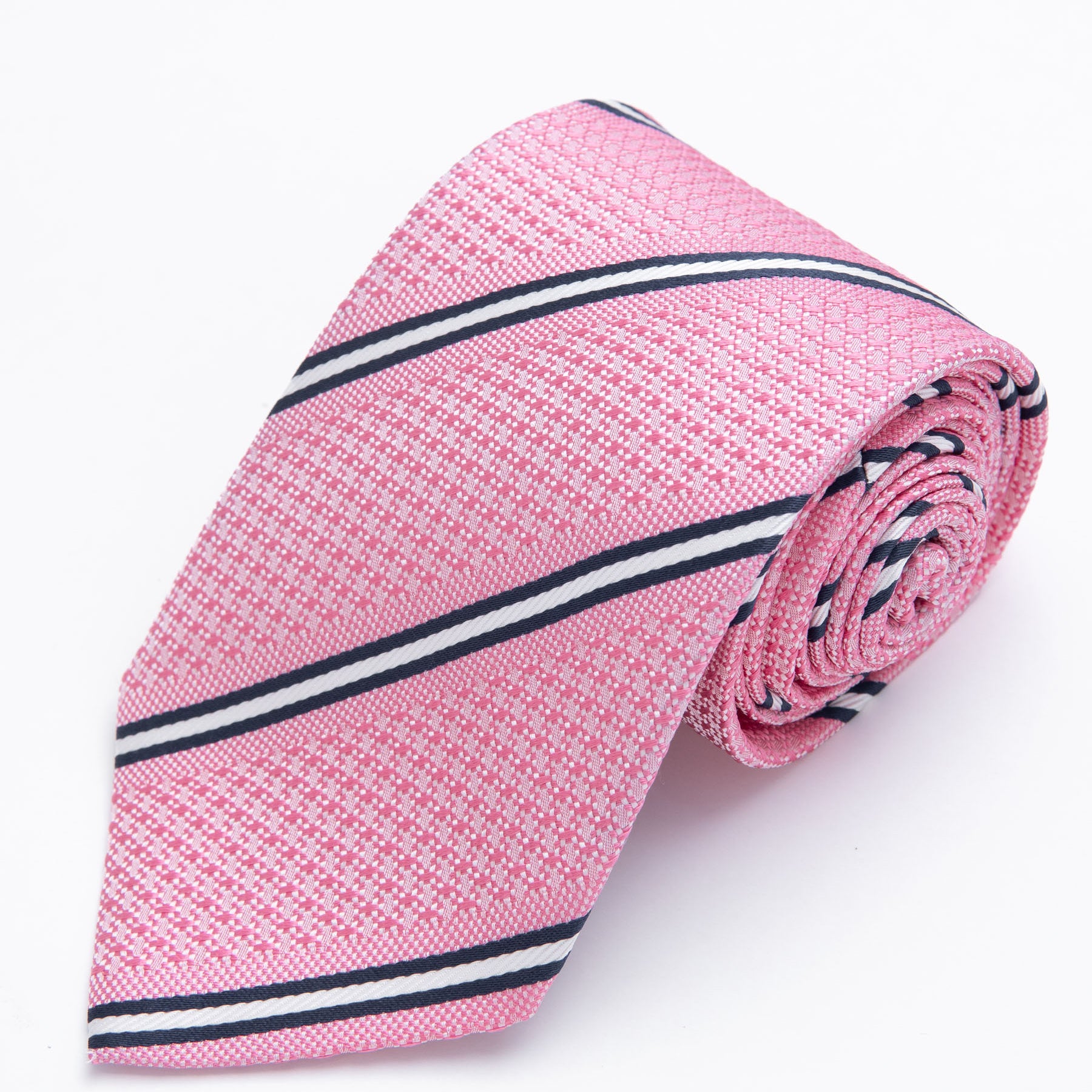 CORBATA ROSADA CON RAYAS AZUL Y BLANCO