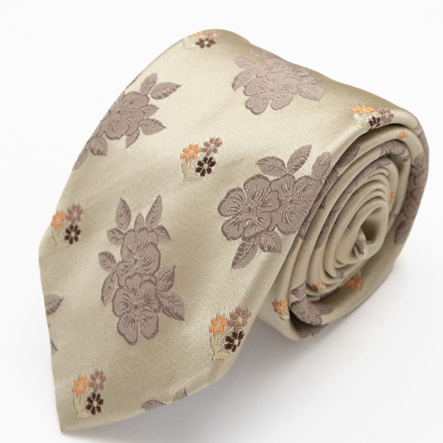 CORBATA BEIGE CON FLORES MARRON Y NARANJA