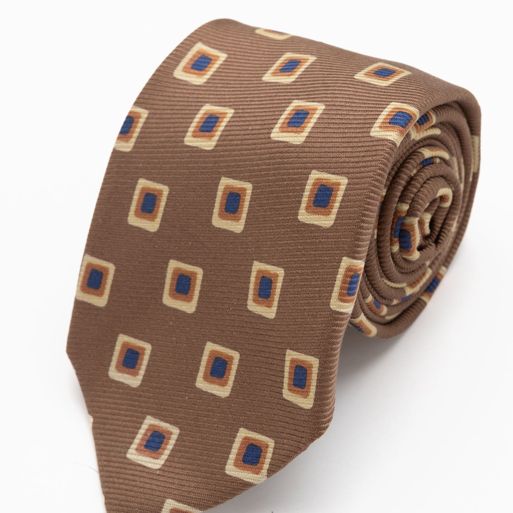 CORBATA MARRON CON CUADROS AMARIILOS NARANJA Y AZULES