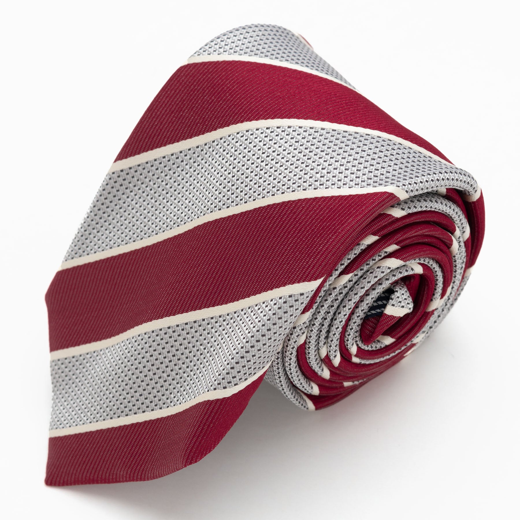 CORBATA GUINDA RAYAS GRIS Y CREMA