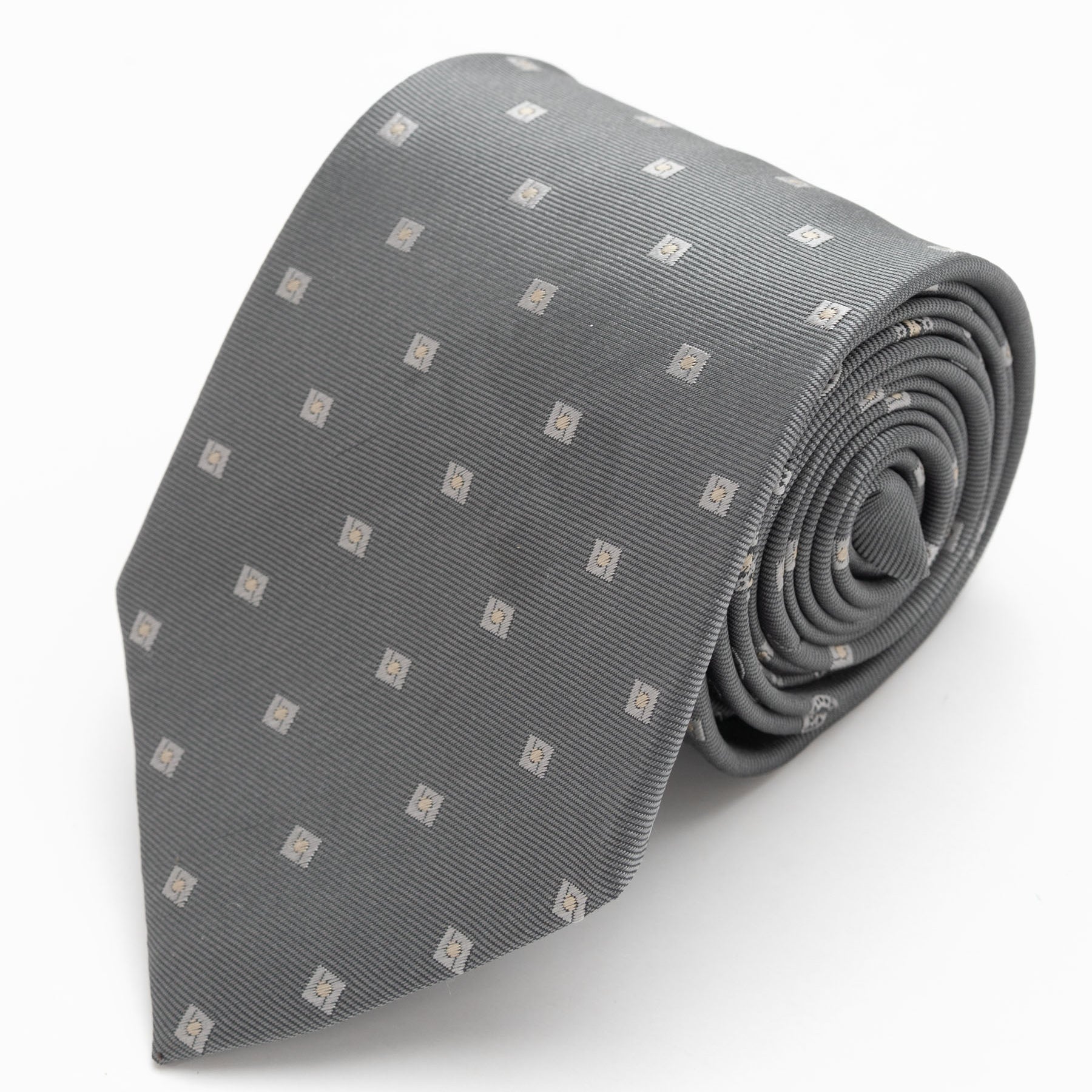 CORBATA GRIS CON CUADRADOS COLOR PLATA Y DISEÑO PAISLEY