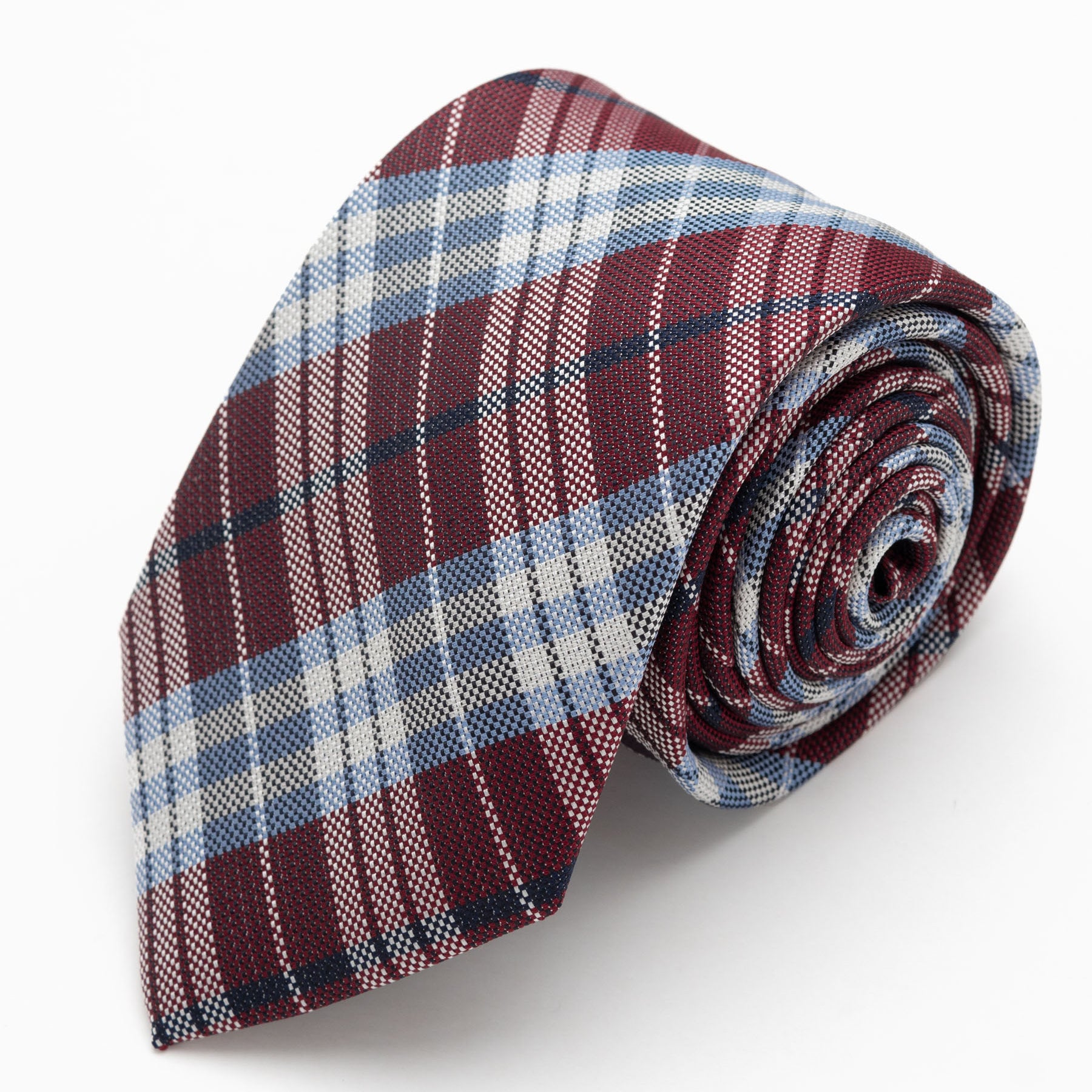 CORBATA VINO CON RAYAS CELESTES Y CUADROS BLANCOS