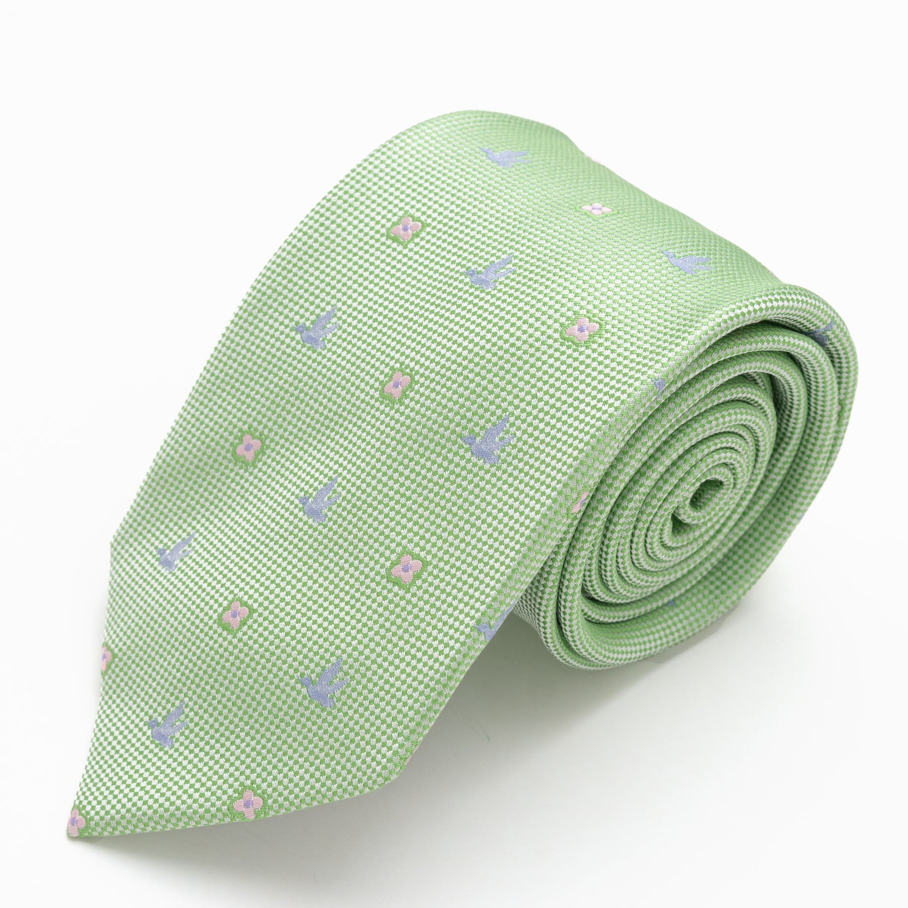 CORBATA VERDE PASTEL CON AVES AZULES Y FLORES ROSADOS