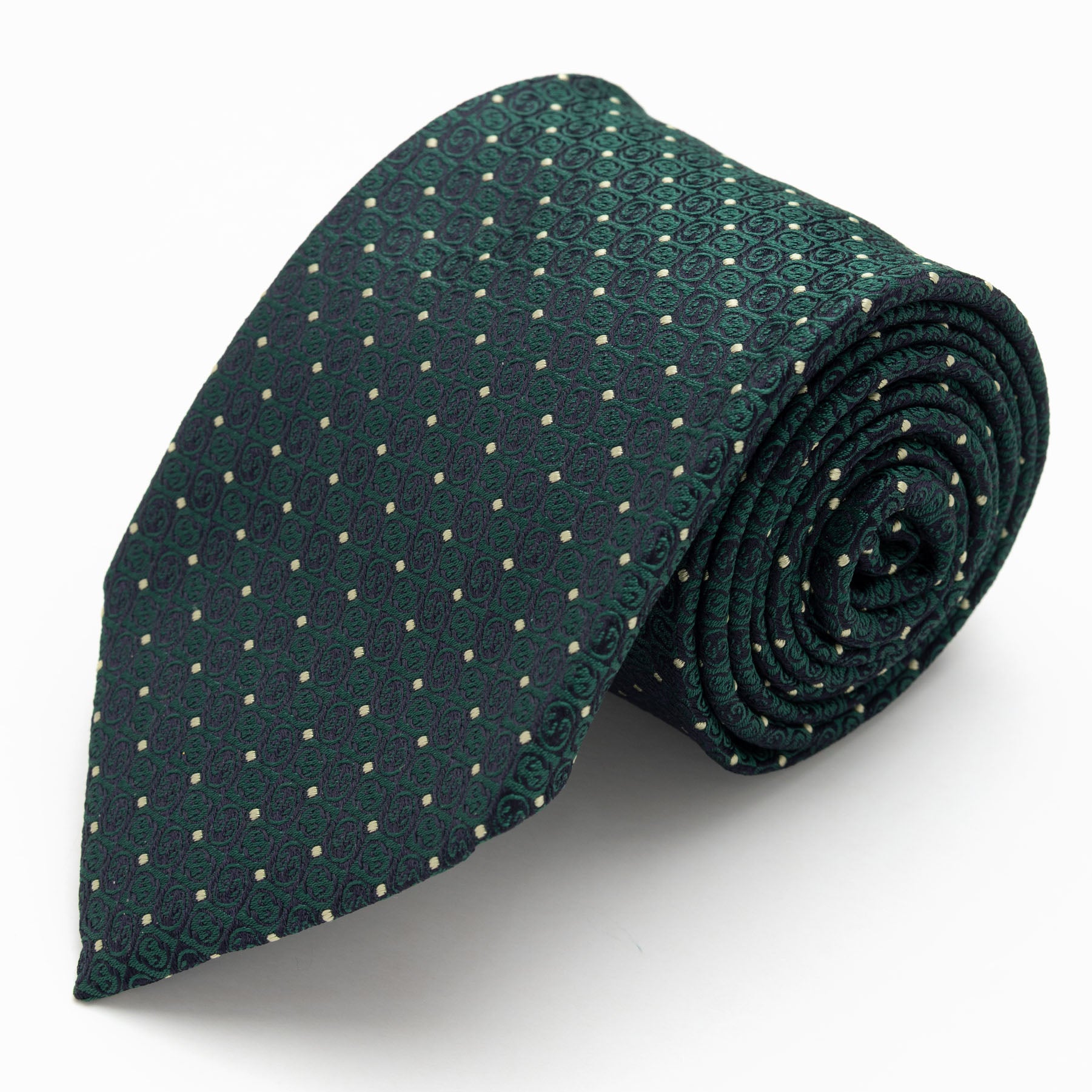 CORBATA VERDE OSCURO CON DISEÑO DE FLORES LABRADAS Y PUNTOS DORADOS