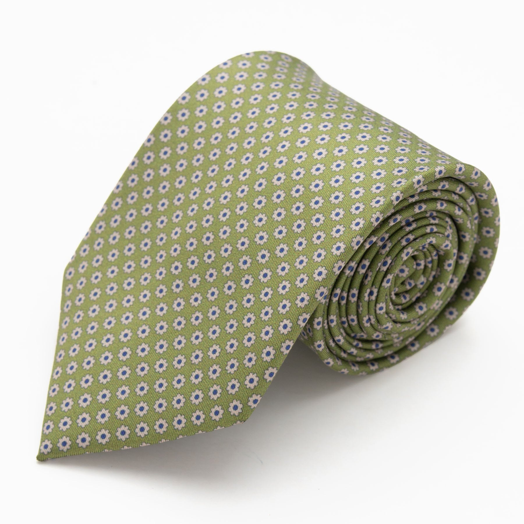 CORBATA VERDE OLIVO CON DISEÑO DE MINI FLORES CREMA CON AZUL