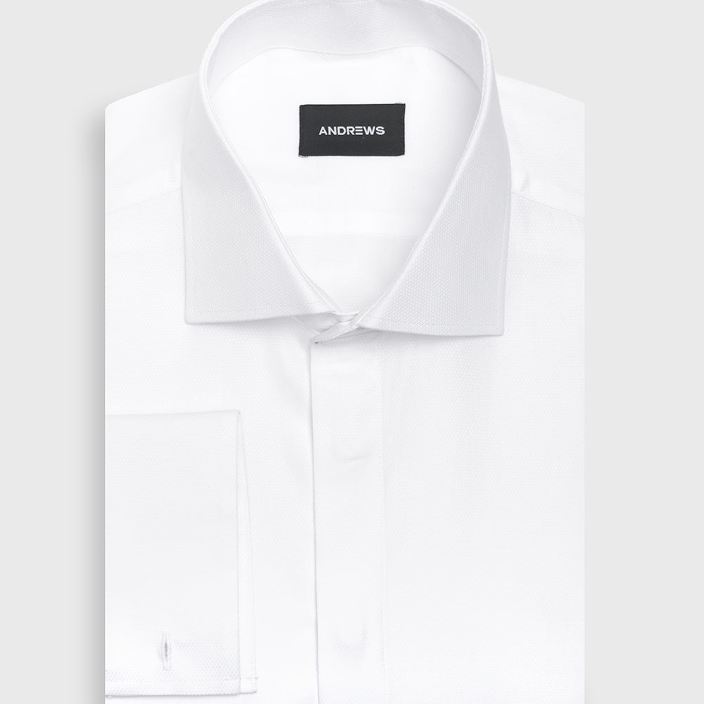 Camisa Vestir dobby - Cuello Italiano puño doble uso Blanco