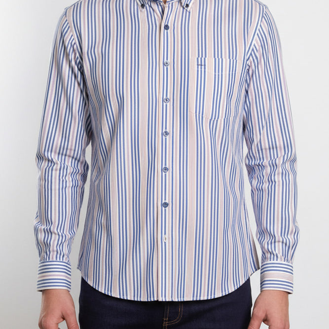 Camisa Casual A Rayas - Azul con Marrón claro