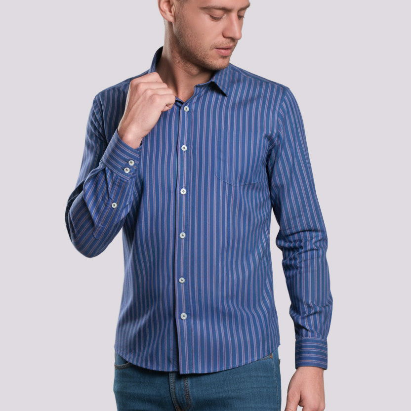 Camisa Casual A Rayas - Azulino con Rojo