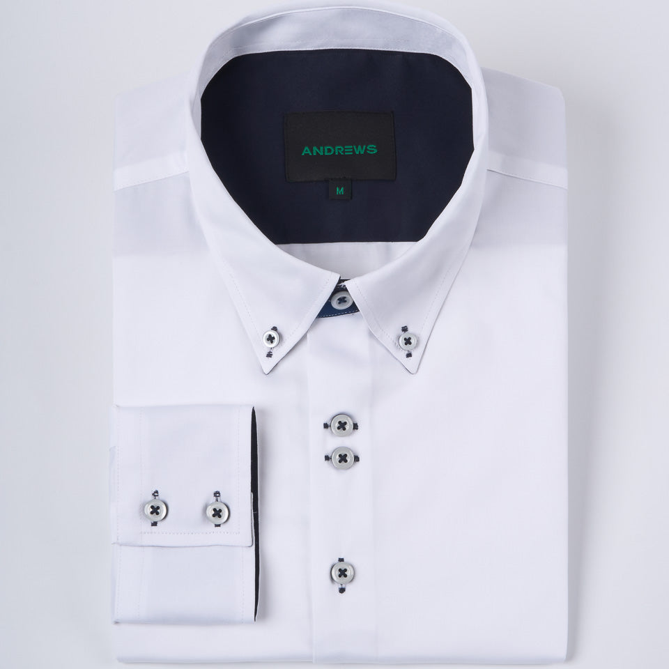 Camisa Casual Satinada - Blanco con detalle Azul