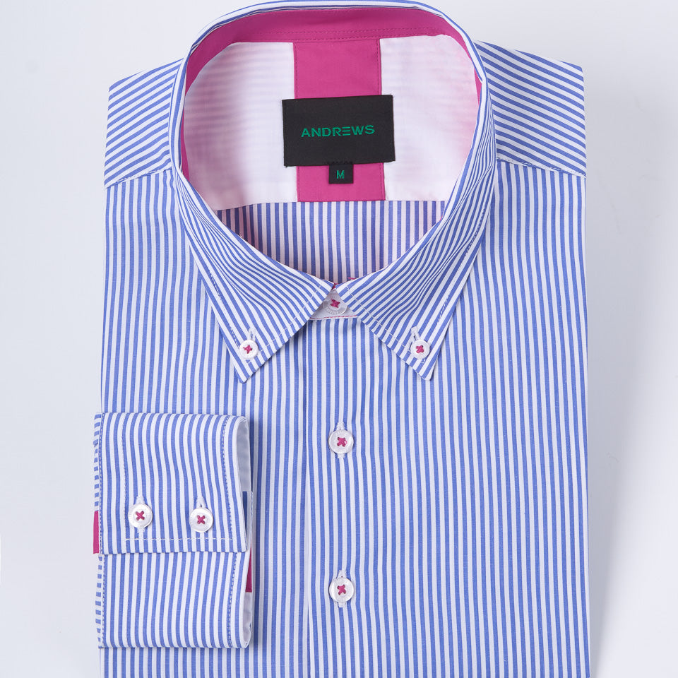 Camisa Casual A Rayas Azul con detalle Fucsia