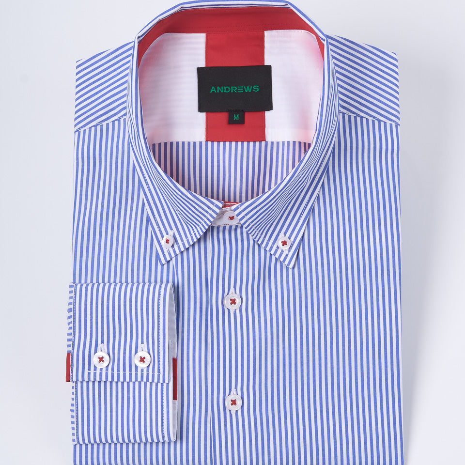 Camisa Casual A Rayas Azul con detalle Rojo