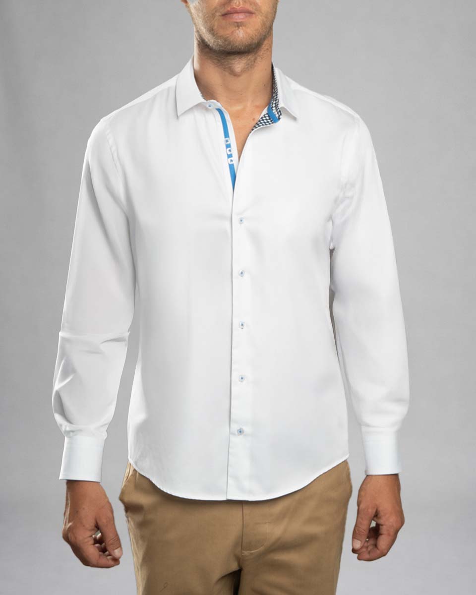 Camisa Casual Blanco con Detalles Azulino en Cuello y Puños