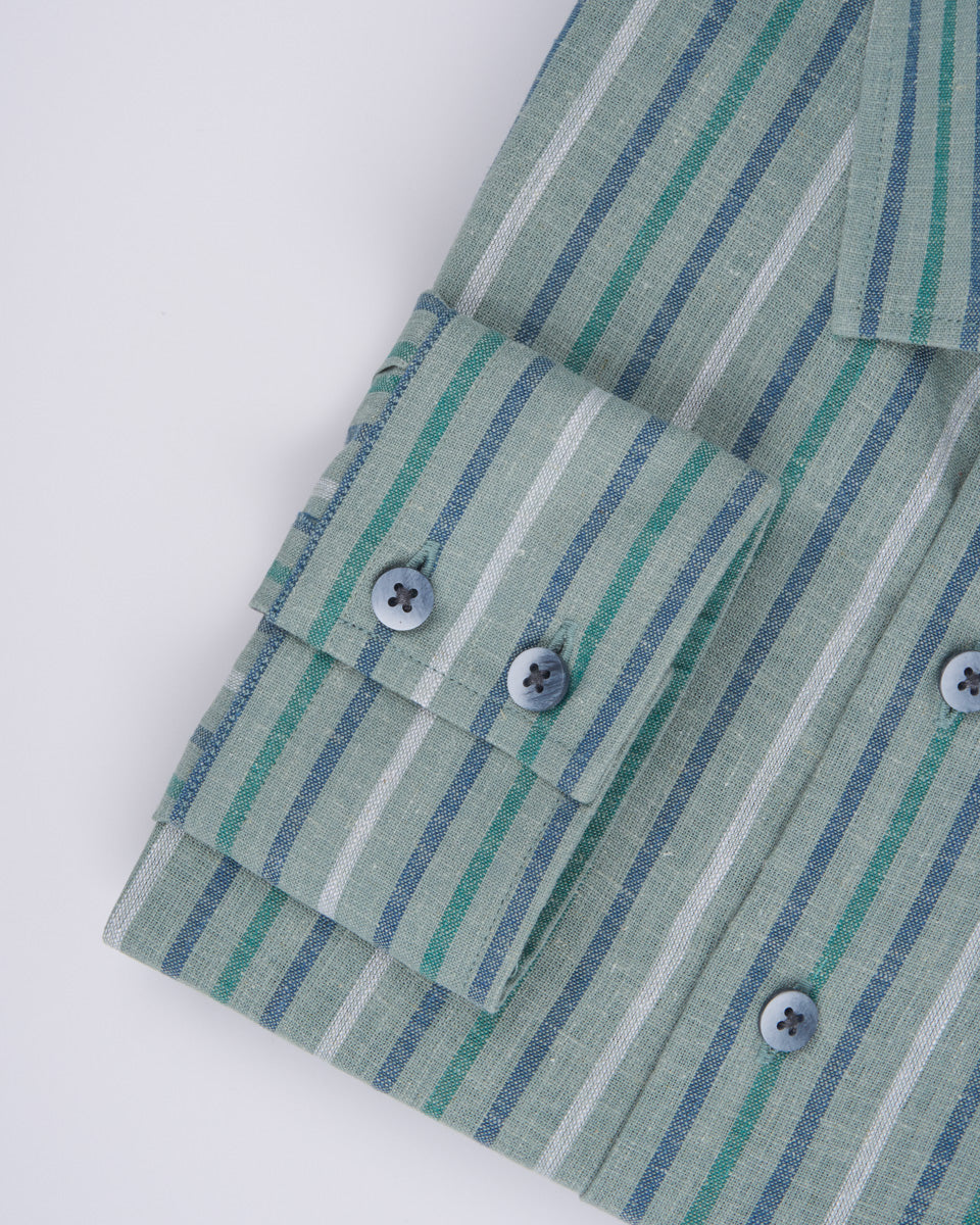 Camisa Casual de Lino - Verde con Rayas