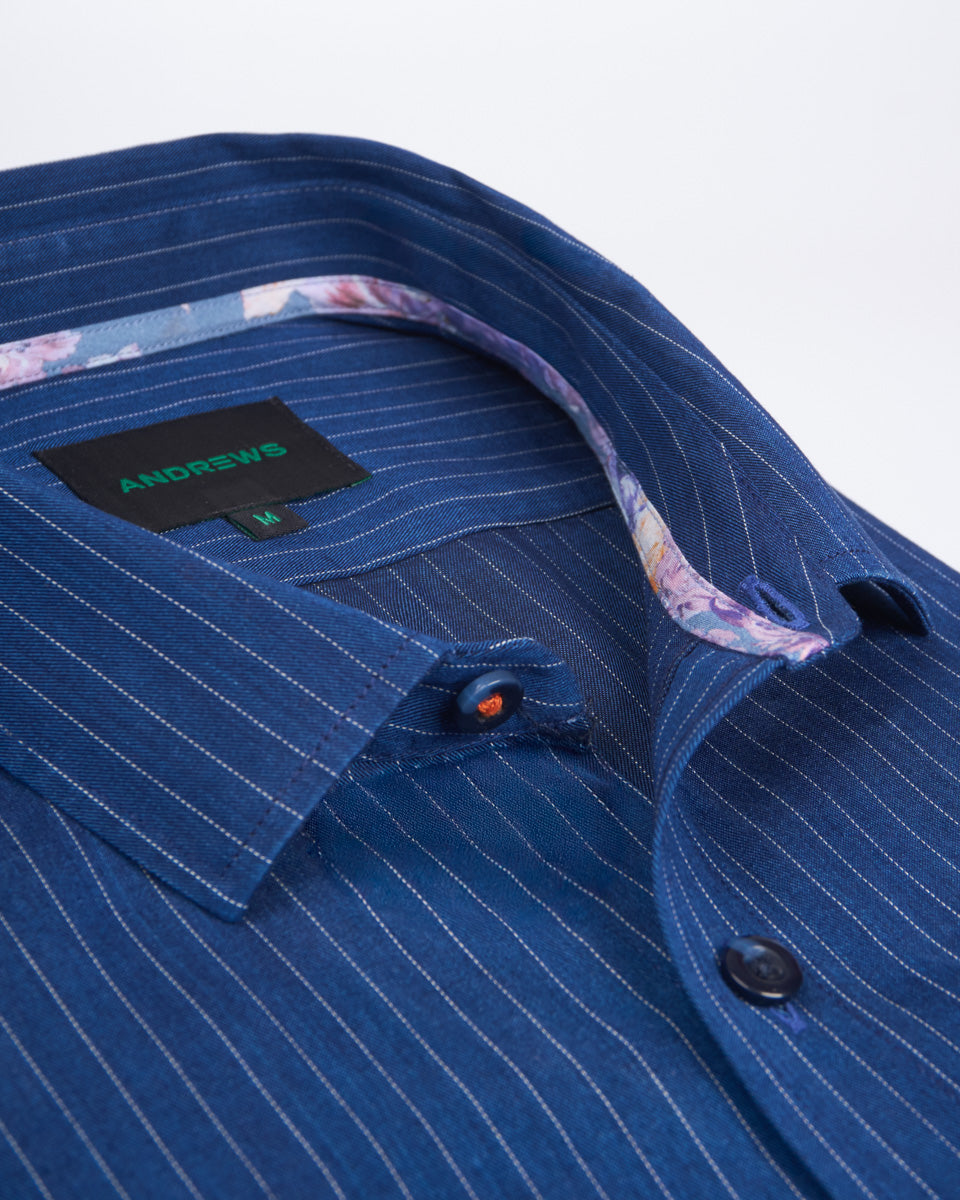 Camisa Casual - Azul con Detalles en Puño y Cuello