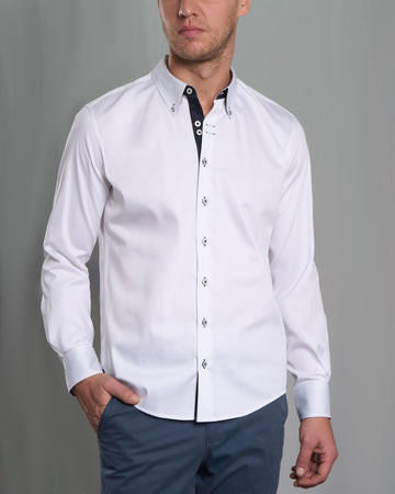 Camisa Casual Satinada - Blanco con detalle Azul