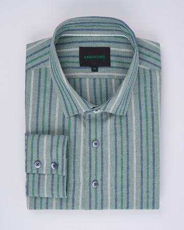 Camisa Casual de Lino - Verde con Rayas