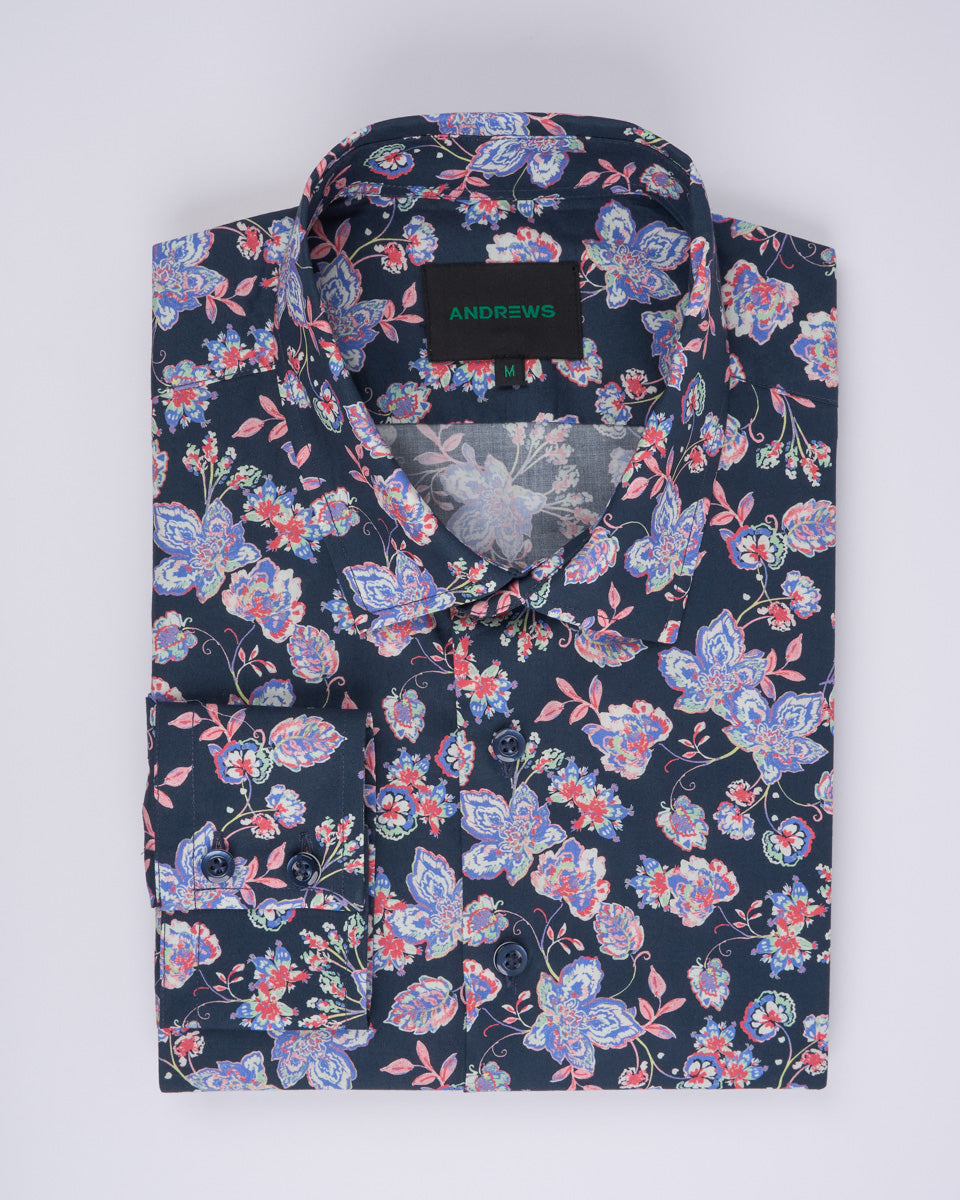Camisa Casual Estampada - Azul con Detalles de Flores