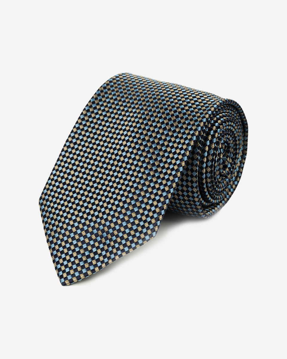 Corbata Azul con Diseño a Microcuadros Beige y Azulino