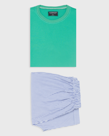 Pijama De Algodón Para Hombre Polo Verde con Short a Cuadros Celeste