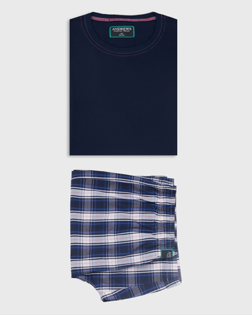 Pijama De Algodón Para Hombre Short y Polo Azul con detalles Rosados