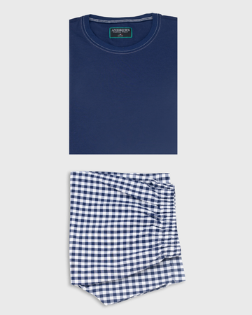 Pijama De Algodón Para Hombre Polo Azul Acero Short Azul a cuadros