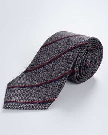 Corbata Fondo Gris Oscuro con Rayas Azul y Rojo