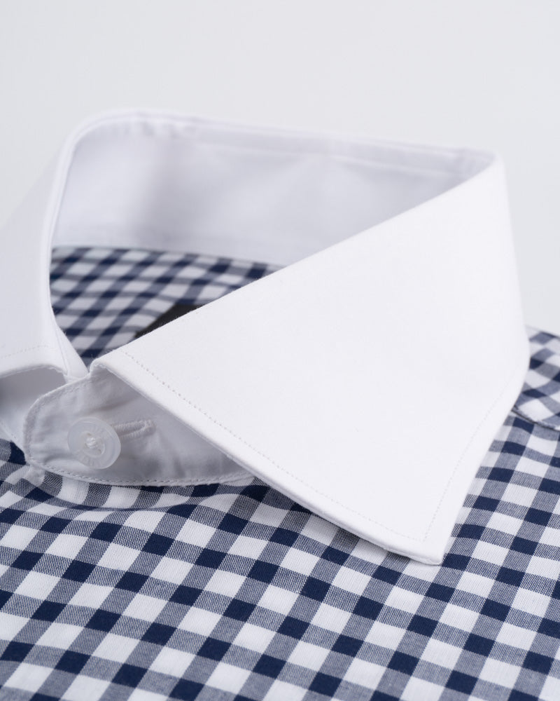 Camisa Vestir - Azul Cuadros Cuello y puño gemelo Blanco