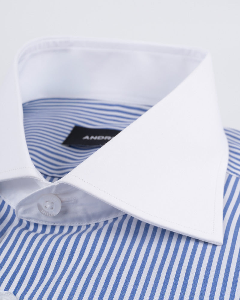 Camisa Vestir - Azulino con rayas Blancas Cuello y puño gemelo Blanco