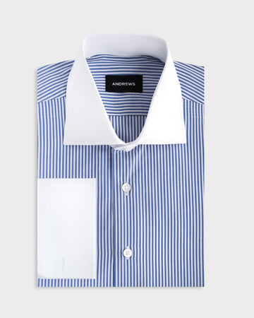 Camisa Vestir Hombre - Azulino con rayas Blancas Cuello y puño gemelo Blanco