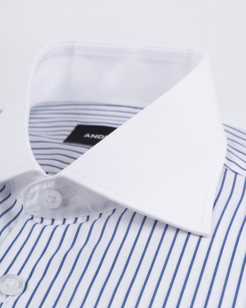 Camisa Vestir - Blanco con raya Azul Cuello y puño gemelo Blanco