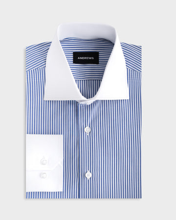 Camisa Vestir Hombre - Azulino con rayas Blancas - Cuello y puño simple Blanco