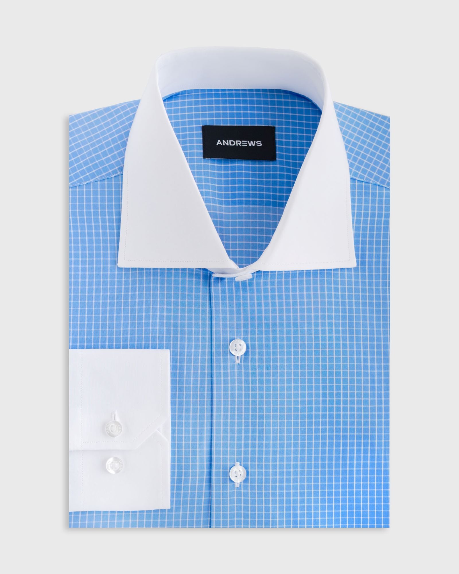 Camisa Vestir - Celeste cuadros - Cuello y puño simple Blanco