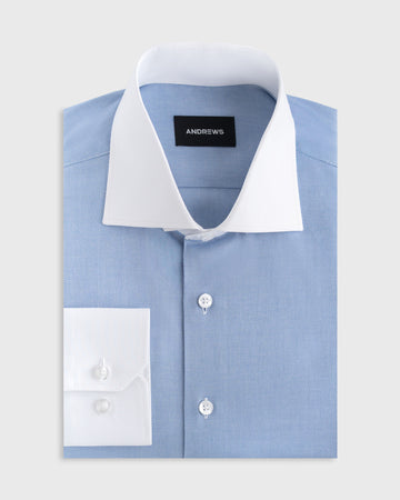 Camisa Vestir Hombre - Azul Tela Premium - Cuello y puño simple Blanco