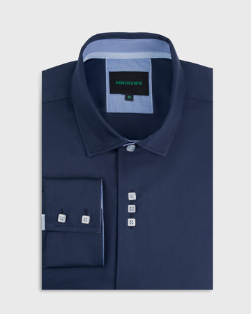Camisa Casual - Azul con Contraste en el Puño, Cuello y Pechera
