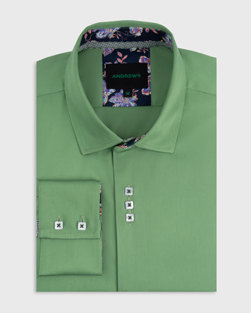 Camisa Casual - Verde con Contraste en el Puño, Cuello y Pechera