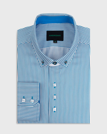 Camisa Casual Hombre - Turquesa con rayas Blancas con detalles en el Puño y Pechera